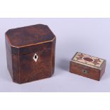 A 19th century yew wood and box strung tea caddy and a rosewood and brass box, set malachite,