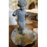 A cast lead bird bath with standing putto, 24" high