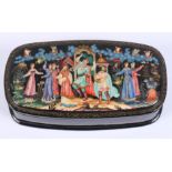 A late 19th century Russian papier-mache box, depicting Orpheus in the Underworld by Vanov, 5" wide