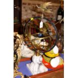 A brass and copper armillary sphere sundial, on marble base