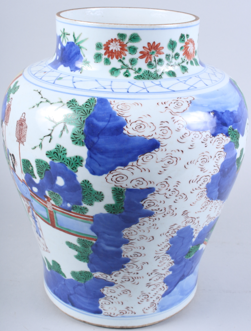 A Chinese Wucai porcelain baluster jar, decorated with figures in a garden court scene, 13" high - Image 3 of 9