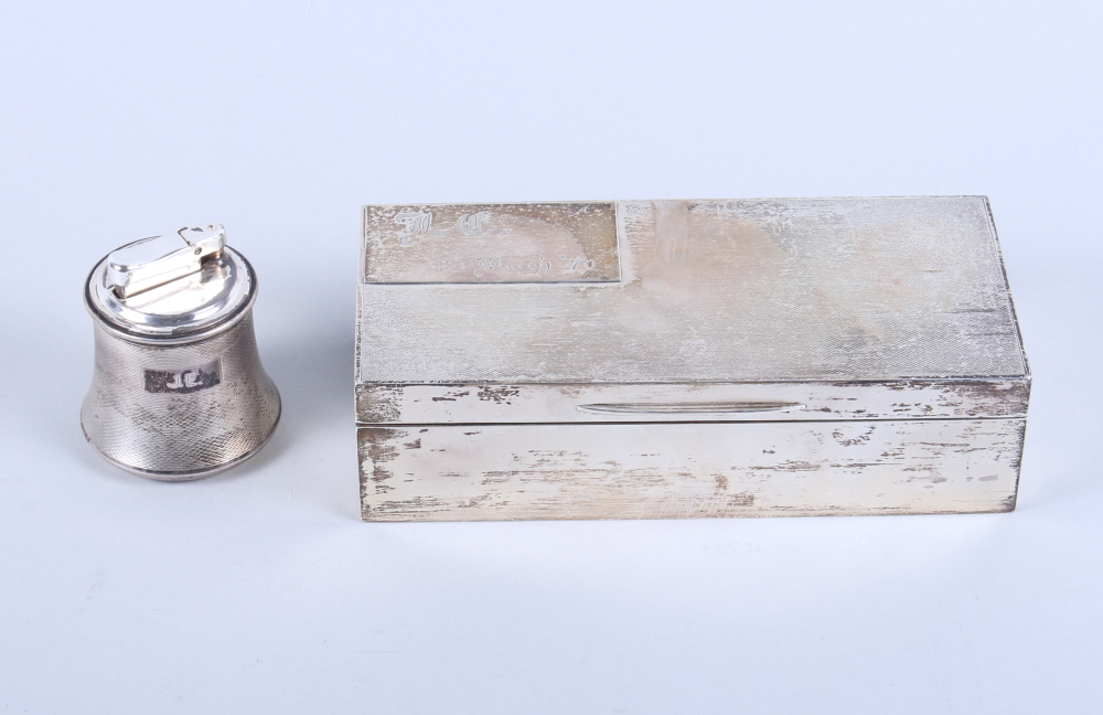 A mid 20th century silver mounted cigarette box, 7 1/2" long, a silver engine turned waisted table - Image 4 of 4