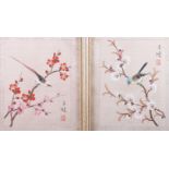 A pair of Chinese watercolours on silk, birds and flowers, 8" x 6", in strip frames