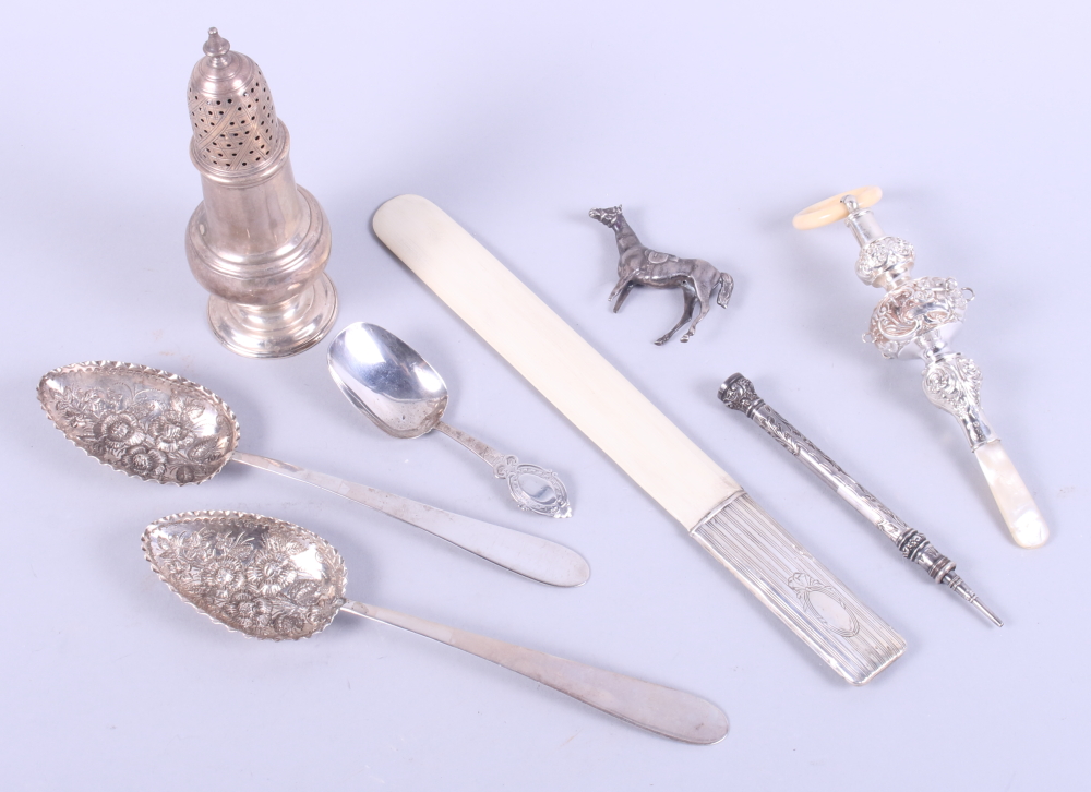 A Georgian design silver rattle with mother-of-pearl handle and ivory teething ring, a silver