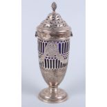 A George V silver Adam Revival shaker with pierced and laurel decoration, on circular foot, 6oz troy
