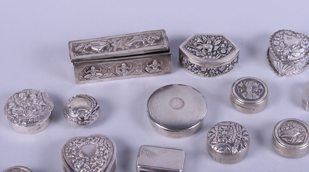 A collection of silver and white metal pill boxes, mostly with embossed decoration, 18.2oz troy - Image 3 of 5