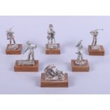 Six silver figures, "The Falconer", "The Poacher", "Salmon Fisherman", "The Golfer", "The Squire"