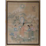 A Japanese watercolour on silk, figures in a garden, 18" x 14", in gilt frame (slight water damage)