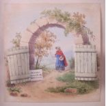 A late Victorian watercolour, old woman standing on an arched track, 4" x 4", in a boxed frame
