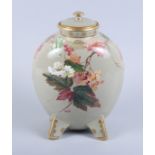 An Aesthetic period Minton pottery moonflask and cover, with autumnal leaves and berries by