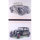 Roy: two watercolours, classic cars, 10 1/4" x 13 1/4" each, in painted black frame