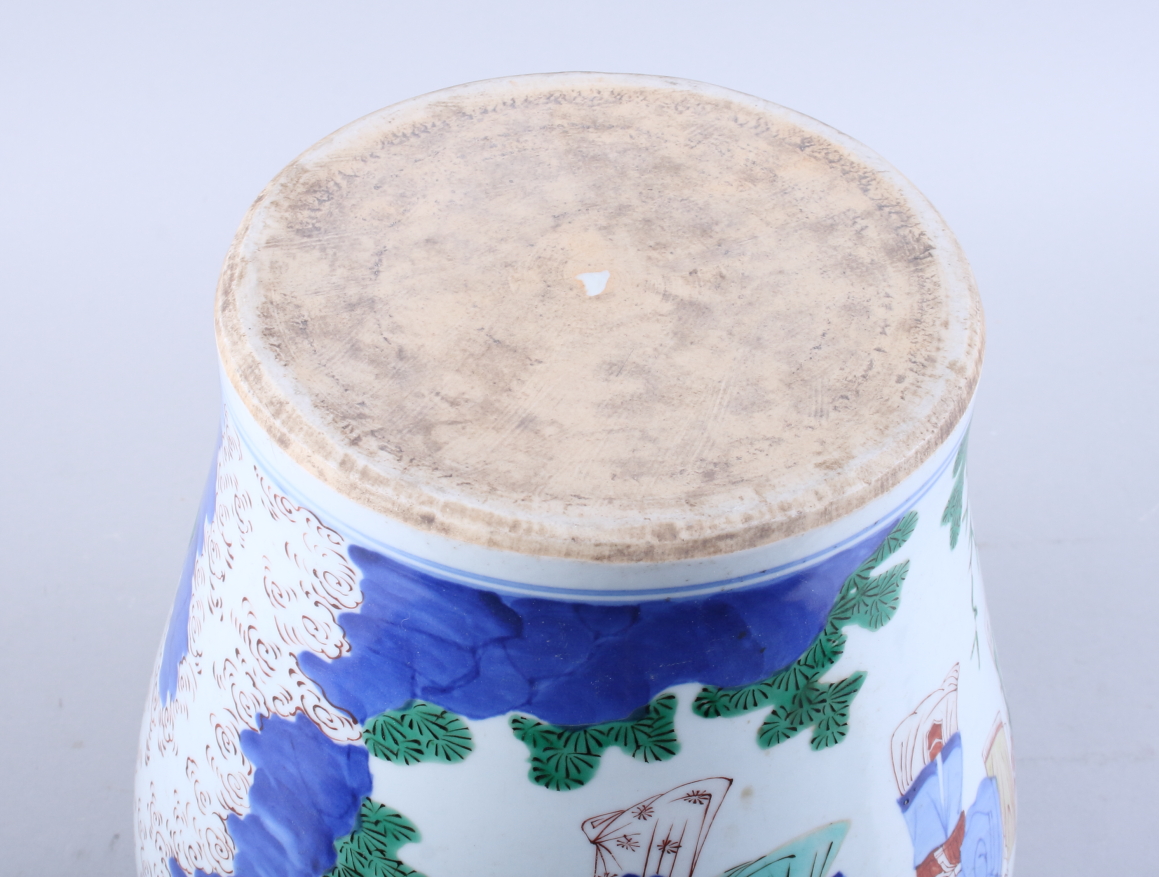 A Chinese Wucai porcelain baluster jar, decorated with figures in a garden court scene, 13" high - Image 5 of 9