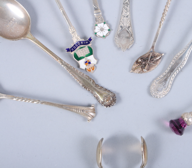 Seven silver teaspoons, various, and a pair of sugar tongs - Image 2 of 2