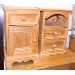 A waxed pine bedside cabinet, fitted one drawer over cupboard and a similar bedside chest of two