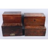 A 19th century mahogany tea caddy (for restoration) and three other 19th century mahogany boxes