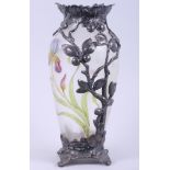A late 19th century WMF mounted French overlaid glass vase, the glass vase with overlaid floral