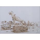 Graham R Rust: monochrome watercolour sketch, "Lion of Delos", 5 3/8 x 7 7/8", in strip frame,