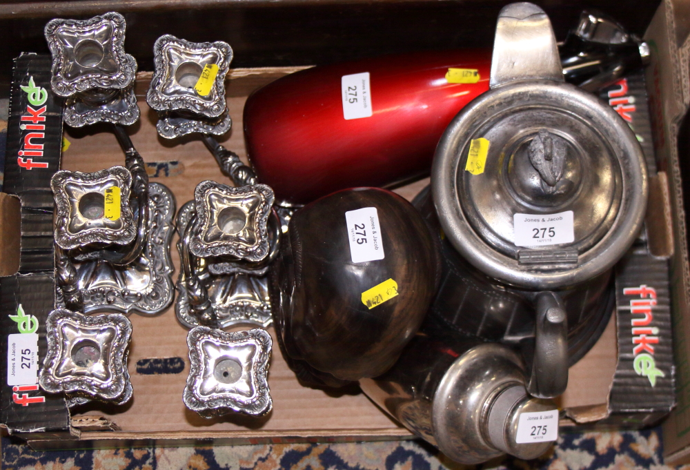 A pair of silver plated on copper three-branch table candelabra, a cocktail shaker, an EPBM lemonade