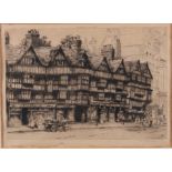 M C Robinson: an etching, timber frame houses Old Holborn, a golfing print, a skiing scene, a