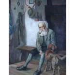 S Kleber: oil on canvas, interior scene with elderly huntsman and his dog, 20" x 15 1/2", in gilt