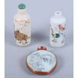 A Chinese porcelain scent bottle painted with chickens, four character mark, and two other porcelain