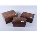 A 19th century rosewood jewel box, 19" wide, a mahogany tea caddy, 9" wide and a writing slope, 10