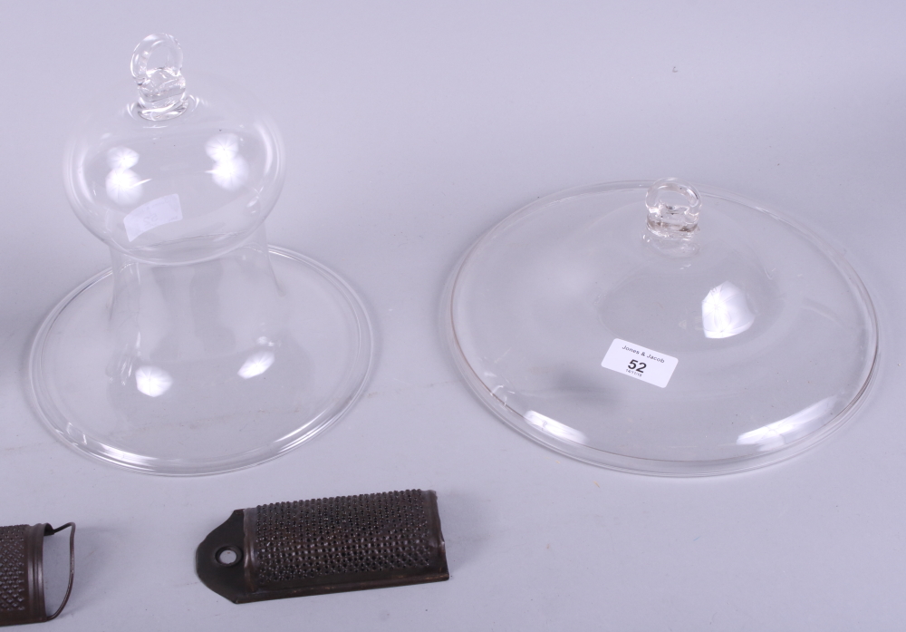 A set of four Victorian glass light shades with two metal nutmeg graters - Image 3 of 3