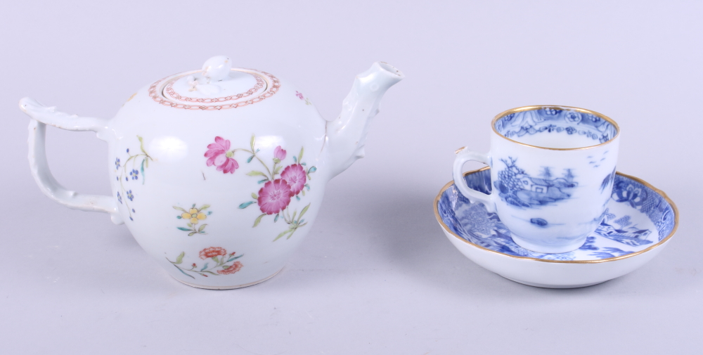 A 19th century Chinese porcelain teapot decorated floral sprays (hairline cracks), a 19th century