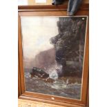 British 19th century School: oil on canvas, waves crashing against a cliff with a man collecting
