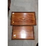 Two Edwardian inlaid mahogany two-handled trays and a mahogany splat back chair