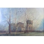 Paul Bradden: watercolours, "Croxall Church from the North East", 19 1/2" x 29 1/2", in strip frame