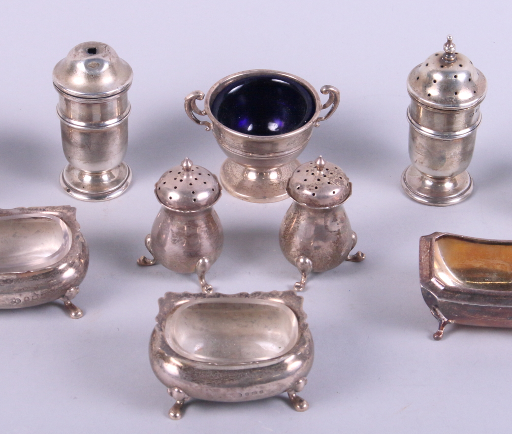 An assortment of part silver cruet sets, including mustards, pepperettes, salts, etc, 13oz troy - Image 3 of 4