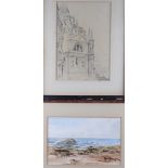 A watercolour sketch, coastal scene, 6" x 9", in strip frame, and a pencil sketch of a Venetian