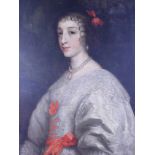 Circle of Henry Stone: 17th century oil on canvas, portrait of a woman in white silk and lace dress,