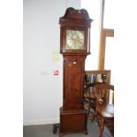 A late 18th century pollard oak long case clock with broken swan neck pediment, reeded columns,