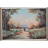 An oil on canvas, Mediterranean scene, an oil on board, country house, two other oils and a