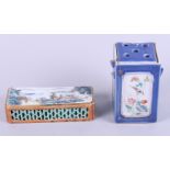 A Chinese porcelain cricket cage, decorated with mountainous lake scene, six character seal mark,