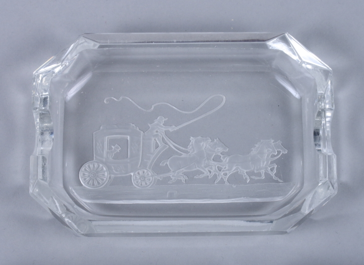 Two early 20th century French glass ash trays with etched decoration of classical scenes and another - Image 4 of 4