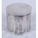A George VI faceted cylindrical silver canister with hinged cover and crest of an oxen head, 6 1/2oz