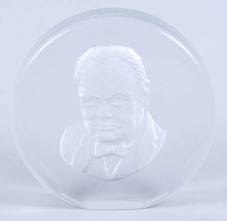 A mid 20th century frosted glass paperweight of Winston Churchill, by R Strand, 5 3/4" dia