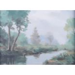 Paul: oil on board, river scene with distant trees in mist, 12" x 16", in gilt frame