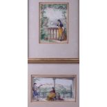 A pair of late 19th century watercolours, figures on balcony in the Alhambra, 3 3/4" x 6 3/4" and 6"