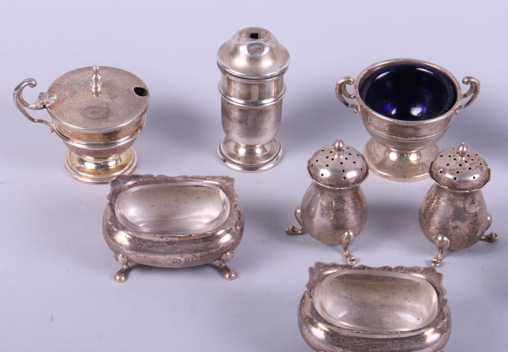 An assortment of part silver cruet sets, including mustards, pepperettes, salts, etc, 13oz troy - Image 2 of 4