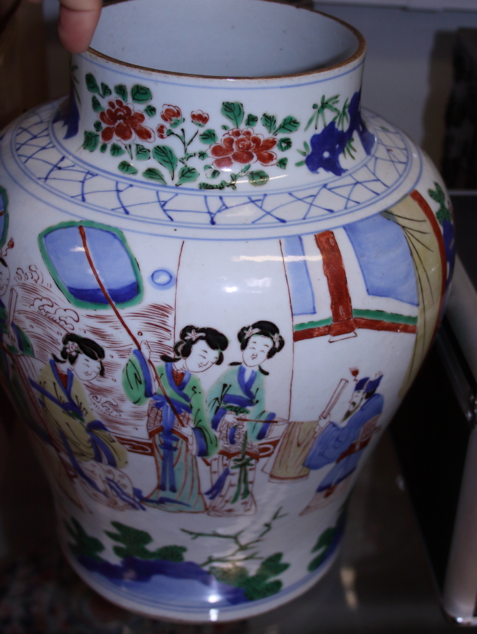 A Chinese Wucai porcelain baluster jar, decorated with figures in a garden court scene, 13" high - Image 9 of 9