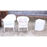 A Lloyd Loom quadrant linen basket and two Lloyd Loom tub shape chairs