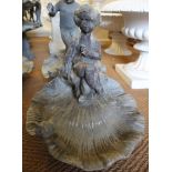 A cast lead garden shell-shape bird bath with putto, 16" high