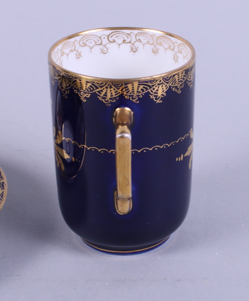 Two Vienna porcelain coffee cans and saucers decorated figures on a blue ground with gilt - Image 14 of 18