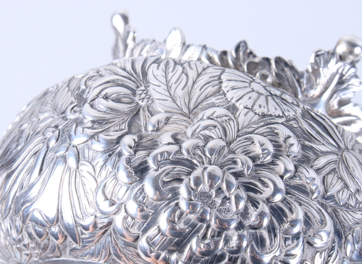 An early 20th century Chinese silver three-piece teaset, by Wang Hing, with embossed all-over floral - Image 4 of 13