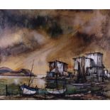 † G Cesare: oil on canvas, fishing boats in Mediterranean harbour, 19 1/2" x 23 1/2", in painted