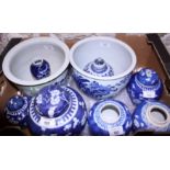 A Chinese porcelain Ming design blue and white jar with lotus flower decoration, and various other